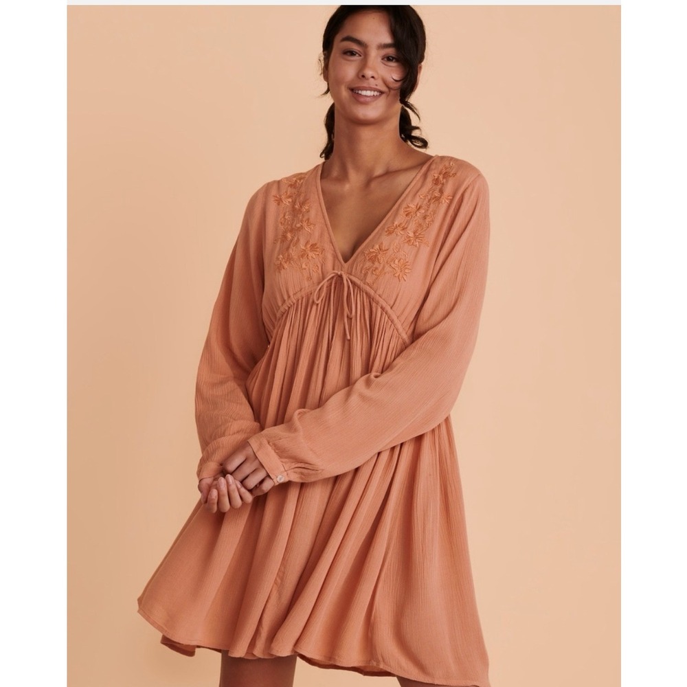 Rip Curl Embroidered Boho Dress Peasant Blouse Long Sleeve‎ Orange Women's L